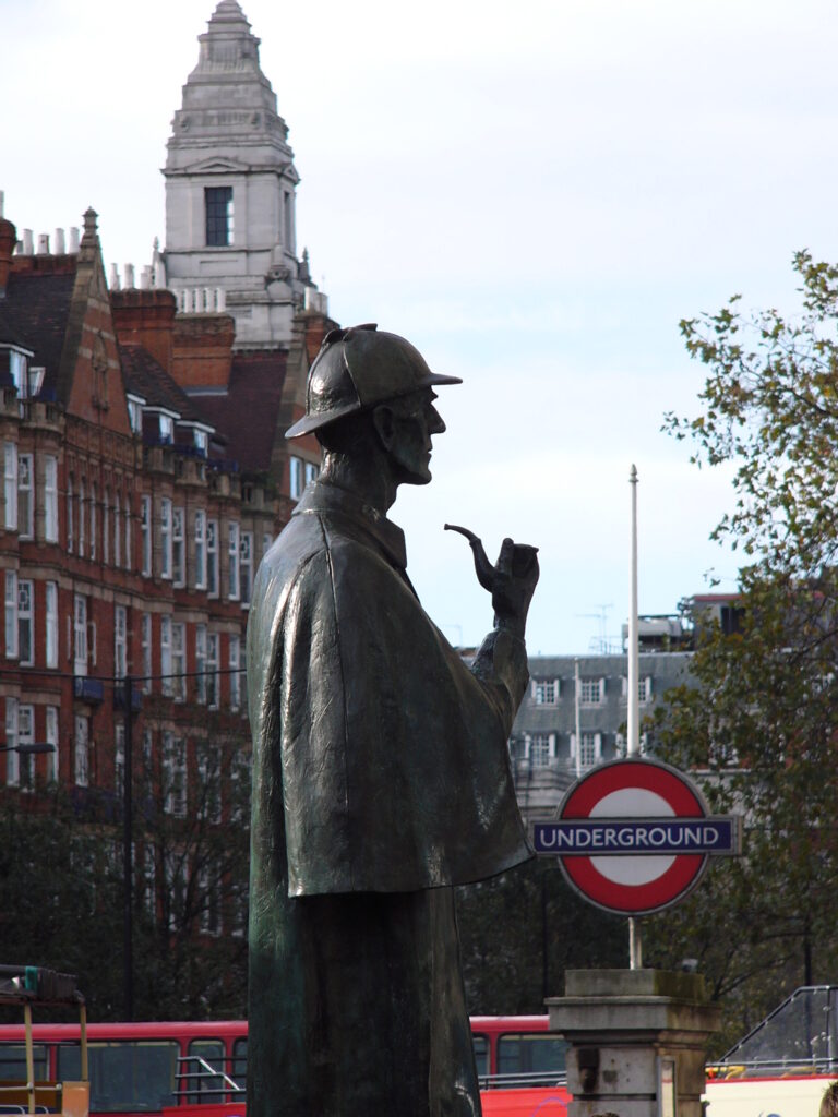 Sherlock Holmes observing Baker Street Station, Central London