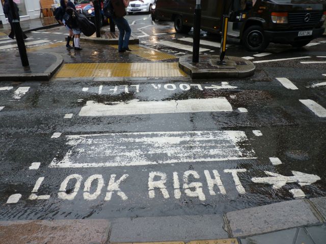 London crosswalks advise which way to look for oncoming traffic.