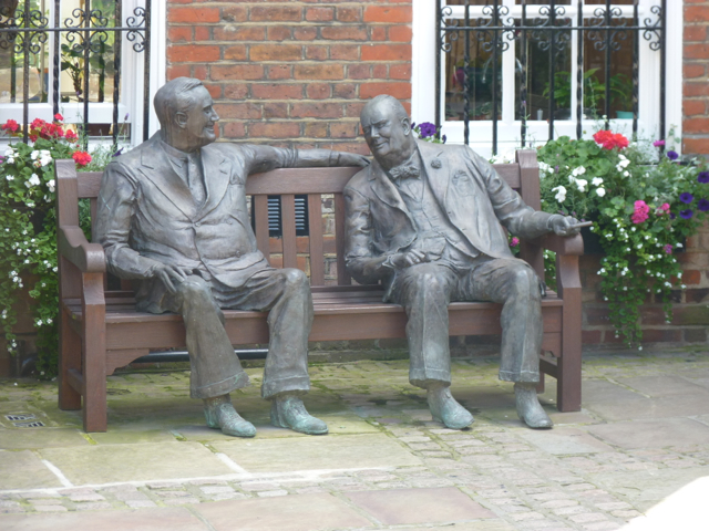 FDR and Winston Churchill statue in the backyard of a home in Hampstead.